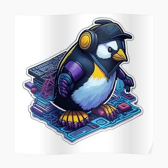 Discover Isometric vector art of a penguin DJ, with colorful graffiti, Illustrations Premium Matte Vertical Poster