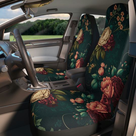 Discover Dark Green Vintage Floral Car Seat Covers, Rustic Botanical Car Seat Covers
