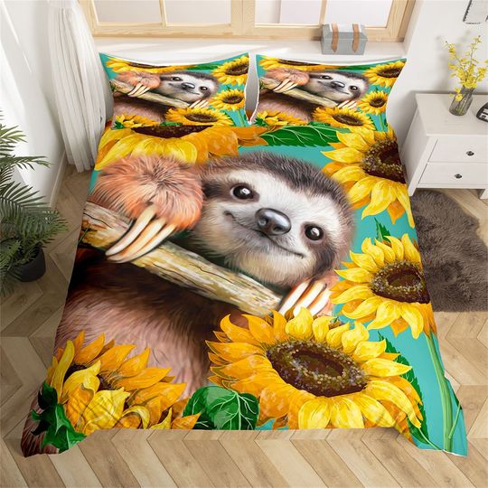 Discover Cute Sloth Duvet Cover, Rustic Yellow Sunflower Plant Bedding Set