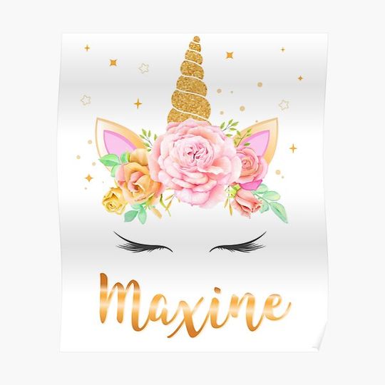 Discover Maxine Name Unicorn Horn with flower wreath and Gold Glitter, Unicorn face Premium Matte Vertical Poster