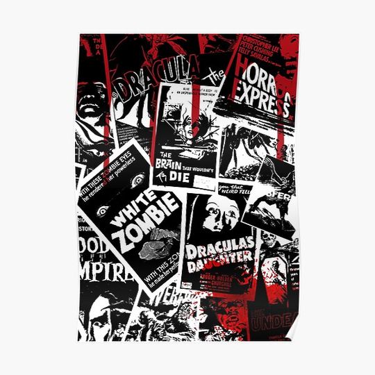 Discover Classic Vintage Horror Movies Collage Black White Bloody Premium Matte Vertical Poster