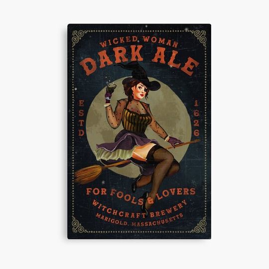 Discover "Wicked Woman Dark Ale" Vintage Pinup Witch Halloween Art Canvas