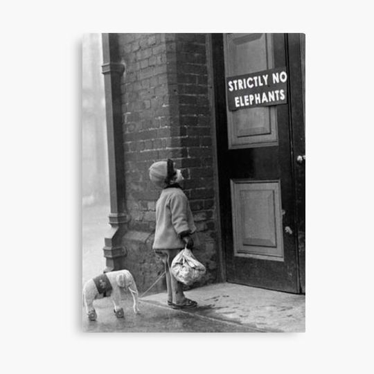 Discover Strictly No Elephants vintage humorous child verses the world black and white photograph black and white photography Canvas