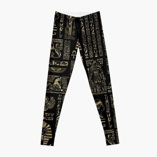 Discover Egyptian hieroglyphs and deities gold on black Leggings