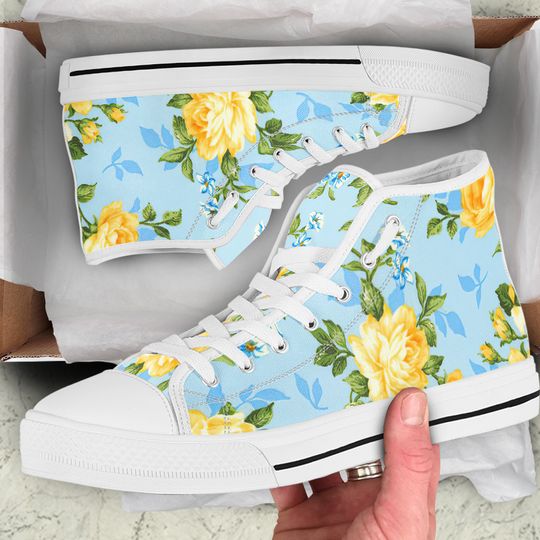 Discover High Top Canvas Sneakers - White roses -Blue Sky -Sneakers