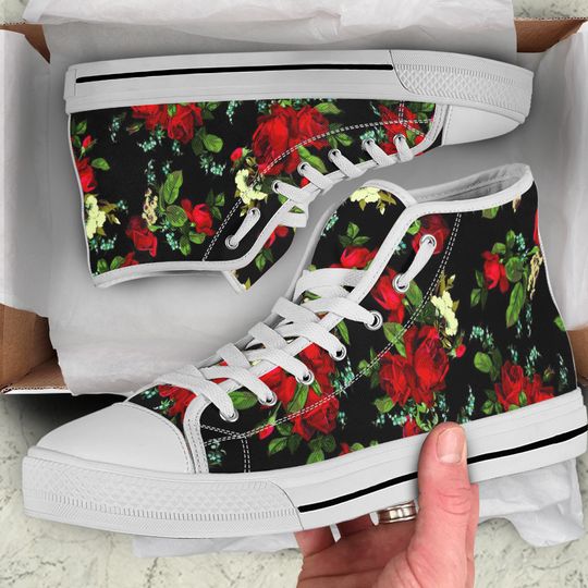 Discover High Top Canvas Sneakers - Red Roses - Flowers-