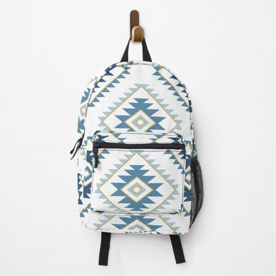 Discover Aztec Style Motif Pattern Blues White Gold Backpack