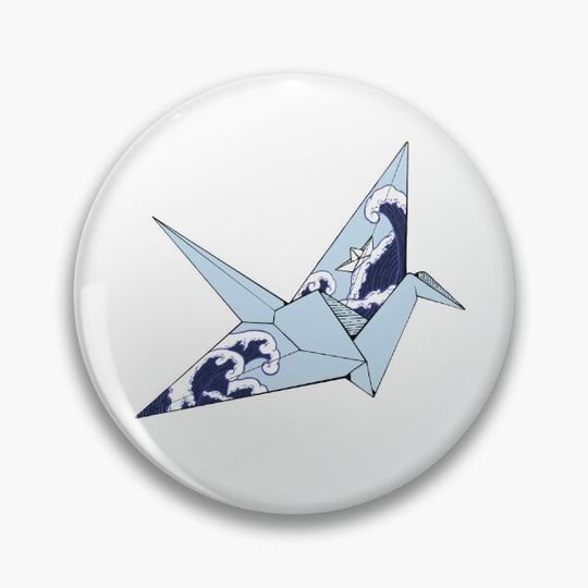 Discover Paper Crane Origami With Japanese Wave Design Pin Button