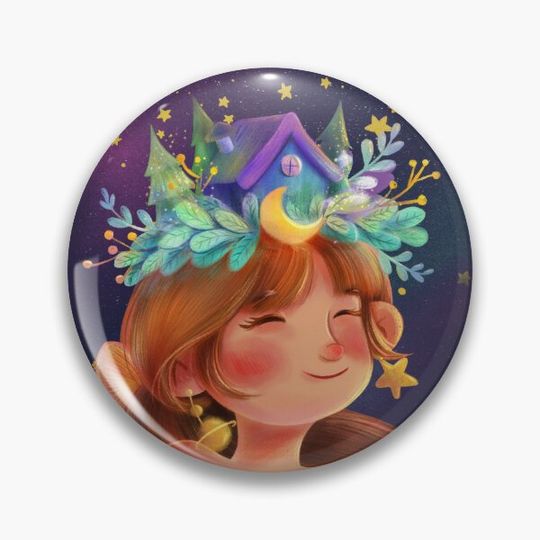 Discover Cute Galaxy Girl and Forest Wood Cabin Pin Button