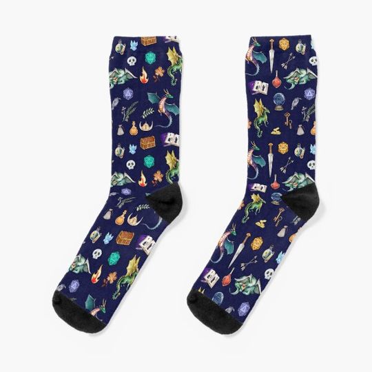 Discover Dungeons and Dragons pattern, geeky dnd fantasy pattern, watercolor. Socks