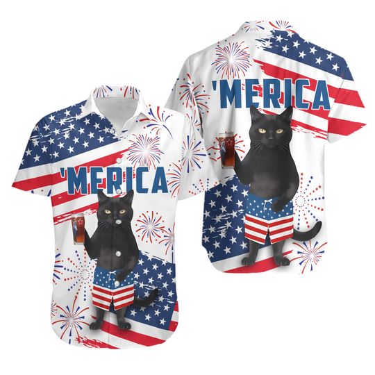 Discover Independence Day Black Cat Hawaii Shirt