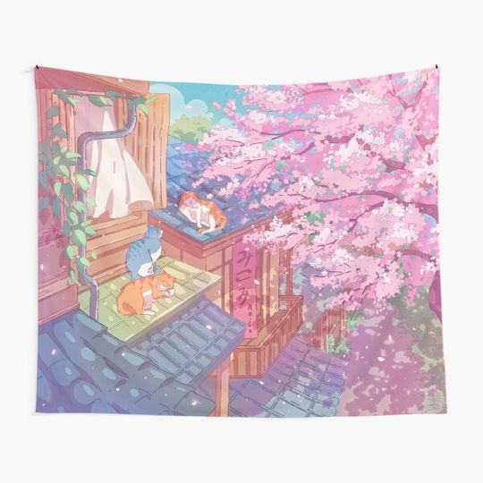 Discover The cute cats, rooftops, and pink cherry blossom Tapestry