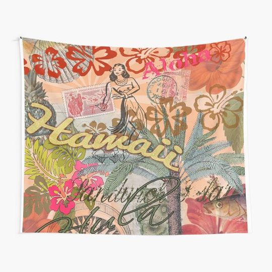 Discover Vintage Hawaii Travel Colorful Hawaiian Tropical Collage Tapestry