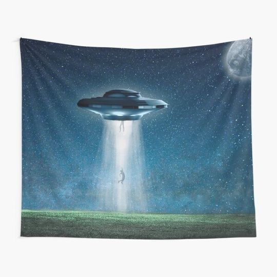 Discover Galaxy Universe Flying Saucer Alien Abduction Art Tapestry