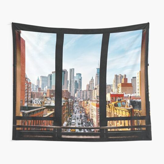 Discover New York City Window | Colorful Manhattan Skyline | Surreal Collage and Photography Tapestry