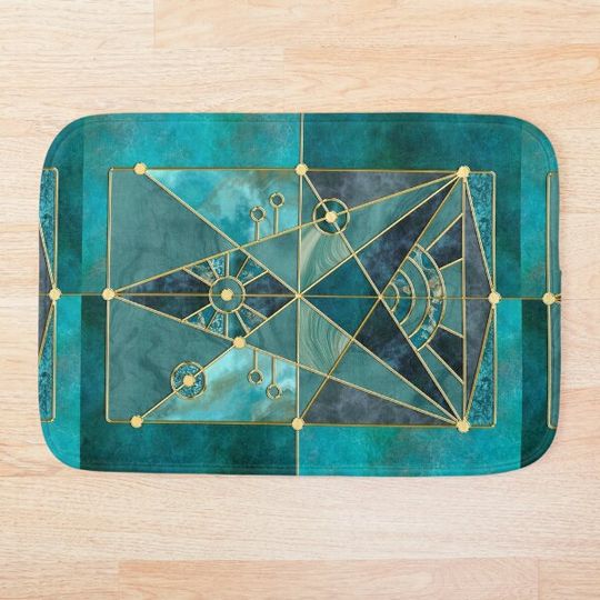 Discover Stained Glass Watercolor Marble Mineral Design Turquoise Teal Gold Bath Mat
