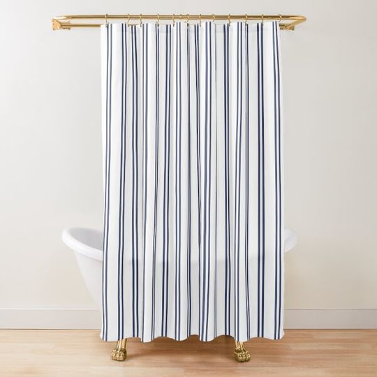 Discover White And Navy Double Stripes Shower Curtain