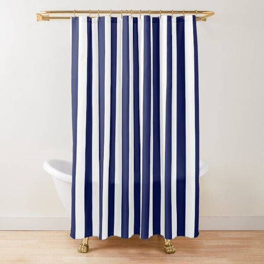 Discover Classic Navy Blue and White Large Vertical Cabana Tent Stripe Shower Curtain