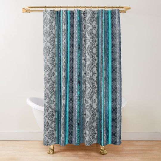 Discover Teal, Aqua & Grey Vintage Bohemian Wallpaper Shower Curtain