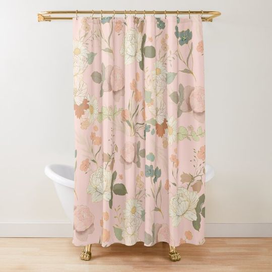 Discover Anthropologie Meets Stay Golden - Boho Floral Hand Drawn Gold Daisy Pampas Grass Peonies Pink Shower Curtain