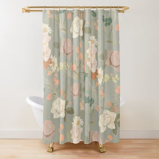 Discover Anthropologie Meets Stay Golden - Boho Floral Hand Drawn Gold Daisy Pampas Grass Peonies Sage Shower Curtain