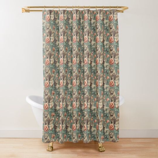 Discover Grey Kitties and Pink Peonies Shower Curtain