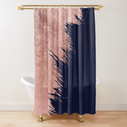 Discover Navy blue abstract faux rose gold brushstrokes Shower Curtain
