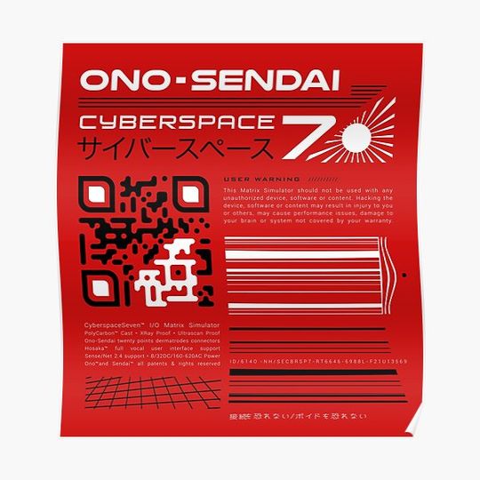Discover Red Ono Sendai Cyberspace 7 Matrix Simulator Tech Label Premium Matte Vertical Poster