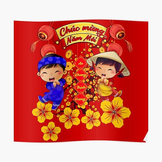 Discover Happy Lunar New Year Vietnamese Tet 2022 Chuc Mung Nam Moi Boy Girl Premium Matte Vertical Poster