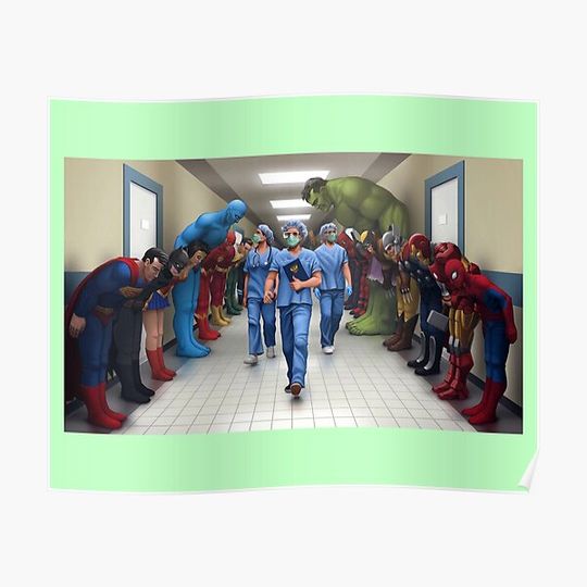 Discover Giulianamedes Superheroes Bowing To Doctor Nurse Unisex, Women, Hot Search Premium Matte Vertical Poster