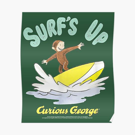 Discover Curious George Surfs Up Surfing Portrait. Premium Matte Vertical Poster