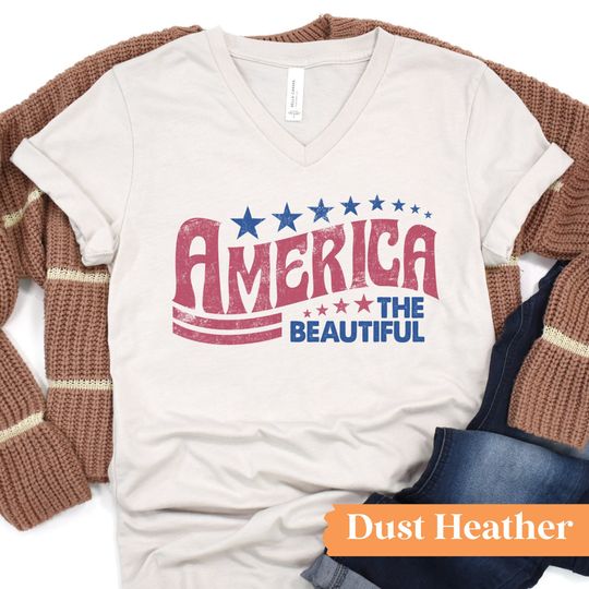 Discover America the Beautiful VNeck Graphic Tee / Patriotic VNeck Shirt