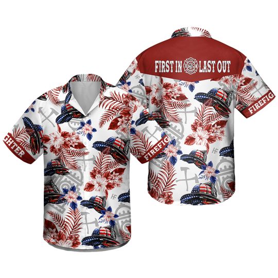 Discover American Firefighter Helmet Red Flower Hawaiian Shirts