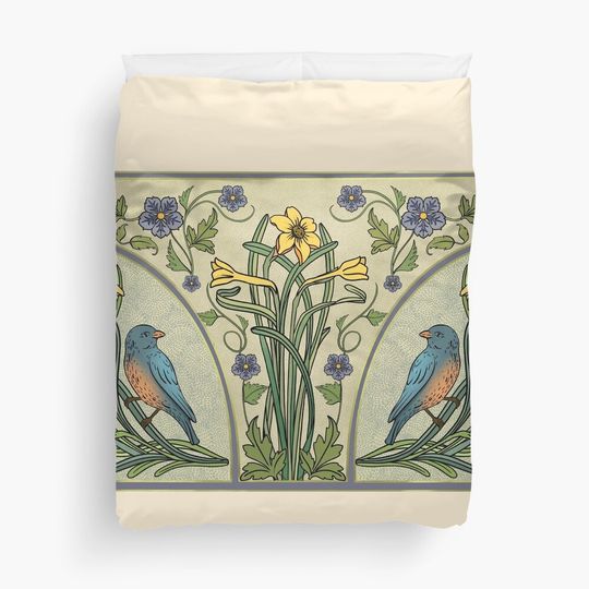 Discover Bluebirds And Spring Blossoms Inspired By Art Nouveau Duvet Cover