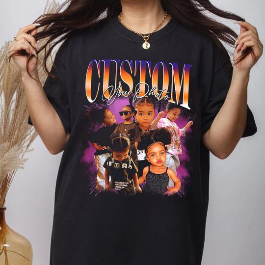 Disover Camisa bootleg personalizada, camiseta vintage bootleg dos anos 90 com rosto personalizado