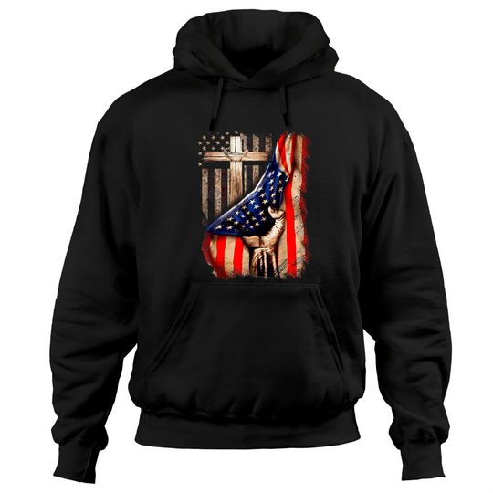 Discover Vintage Mens Faith Over Fear Christian Cross American Flag Hoodie