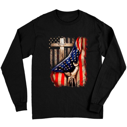 Discover Vintage Mens Faith Over Fear Christian Cross American Flag Long Sleeves