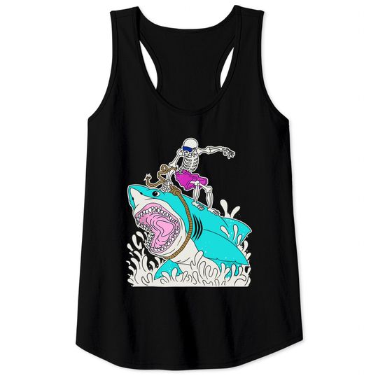 Discover Funny Skeleton Surfing Shark Halloween Tank Top