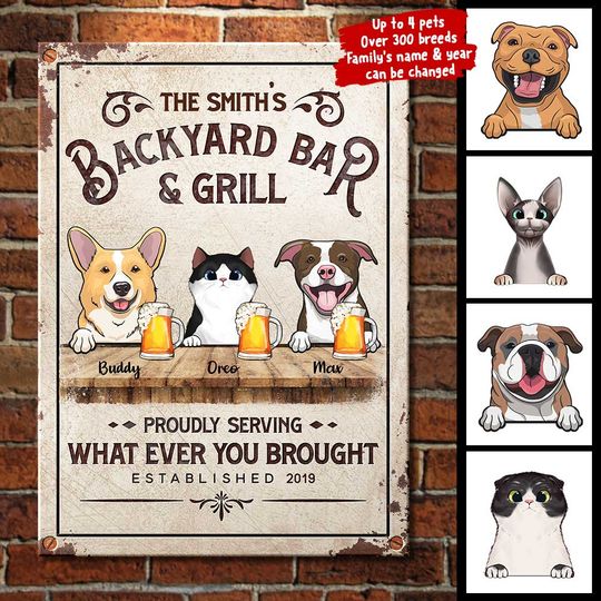 Discover Backyard Bar & Grill With Cats And Dogs - Personalized Metal Sign