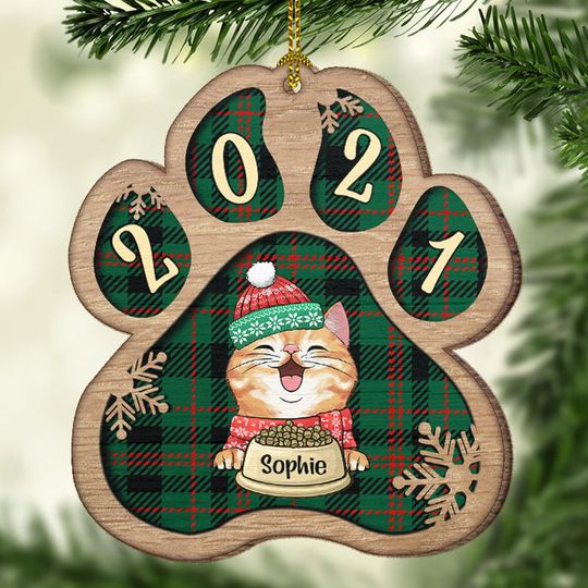 Discover Personalized Christmas Paw Ornament - Dog, Cat And Snow - Plaid Buffalo Pattern - Customized Decoration And Year Gift For Pet Lovers