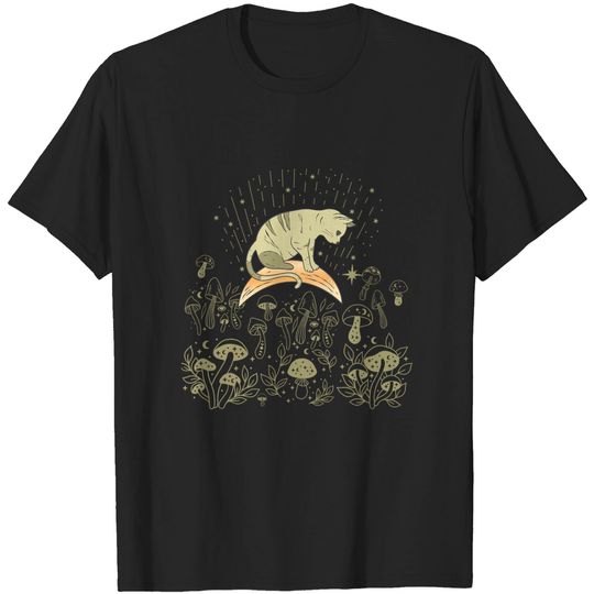 Discover Cottagecore Celestial Boho Mystical Mushrooms Moon Cat T-Shirt