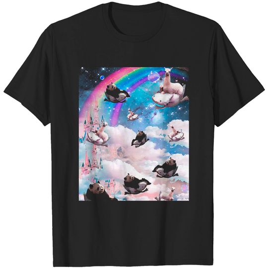 Discover Llama Panda Riding Axolotl Space Rainb Llama Panda Riding Axolotl, Space Rainbow Clouds T-Shirts