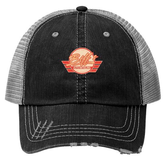 Discover Biff's Auto Detailing in Distressed Red - Back To The Future - Trucker Hats