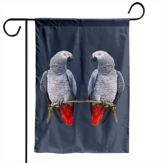 Discover Two African Grey Parrots share a branch Garden Flags