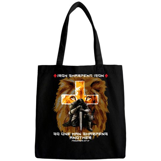 Discover Iron Sharpens Iron Christian Saying Lion Judah Cross Graphic Bags