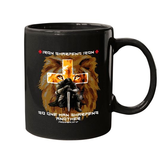 Discover Iron Sharpens Iron Christian Saying Lion Judah Cross Graphic Mugs