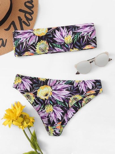 Discover Flowers print Women's Strapless Bikini Swimsuit