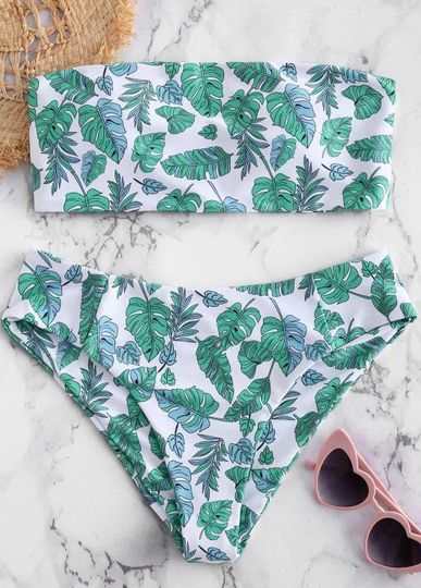 Discover Tropical leaf print Women's Strapless Bikini Swimsuit