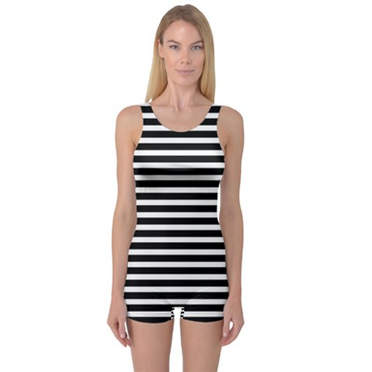 Discover Horizontal Stripes Black One Piece Boyleg Swimsuit