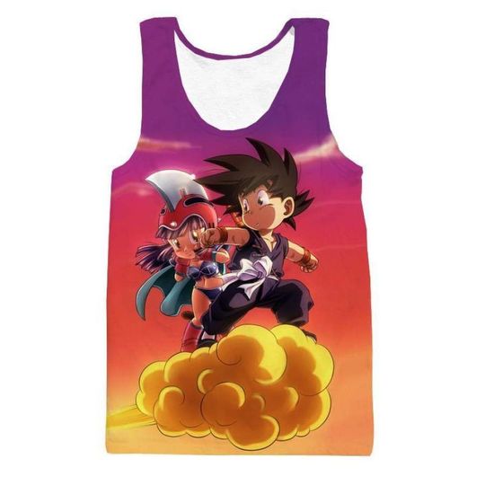 Discover Kid Goku  amp  Chichi Flying on Golden 3D Tank Top